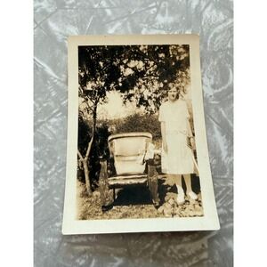Vintage 1920s Black and White Snapshot Photo Woman with Ornate Chair 3.5x2.5